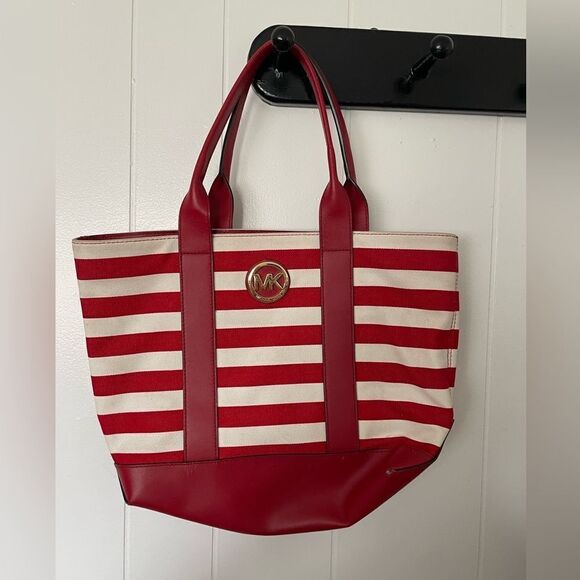 Michael Kors red cream Fulton stripes canvas leather nautical beach summer tote - Picture 1 of 6